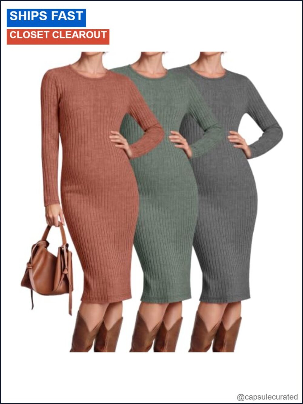 Maternity Ribbed Sweater Dress 3 Pack Slim Fit Long Sleeve Midi